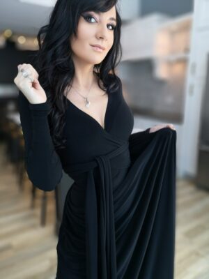 V-neck long black maxi dress.