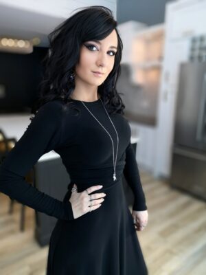 V-neck long black maxi dress.