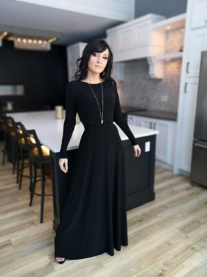 V-neck long black maxi dress.