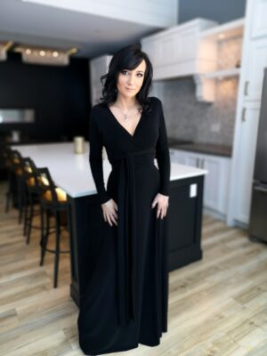V-neck long black maxi dress.