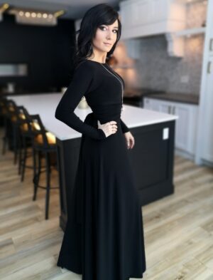 V-neck long black maxi dress.