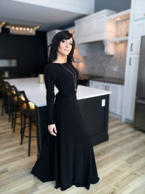 V-neck long black maxi dress.