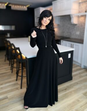 V-neck long black maxi dress.