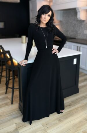 V-neck long black maxi dress.