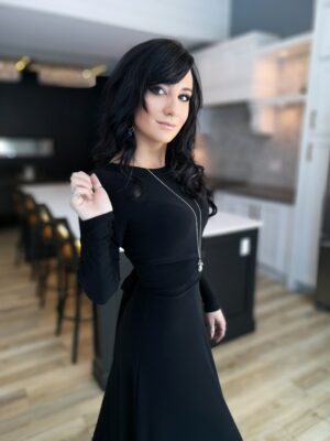 V-neck long black maxi dress.