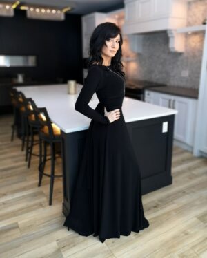 V-neck long black maxi dress.