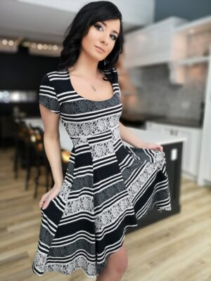 Black and white short striped tissue hem dress.