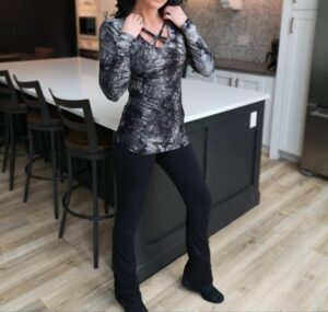 Black and gray tie-dye long-sleeve top.