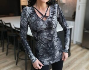 Black and gray tie-dye long-sleeve top.