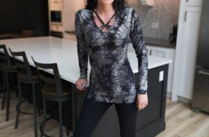 Black and gray tie-dye long-sleeve top.