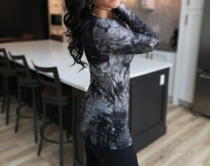 Black and gray tie-dye long-sleeve top.