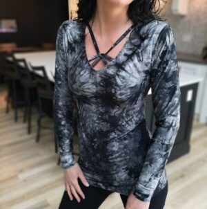 Black and gray tie-dye long-sleeve top.