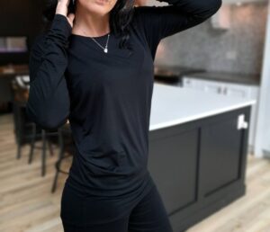 Soft and comfortable draped black top.
