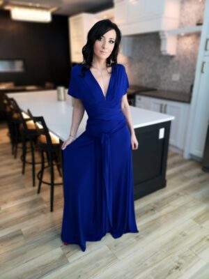 Cobalt blue infinity wrap dress.