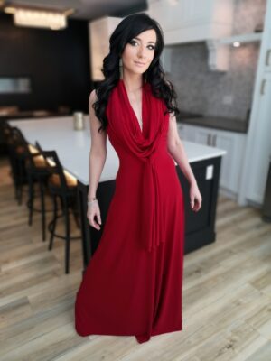 Red maxi wrap dress.