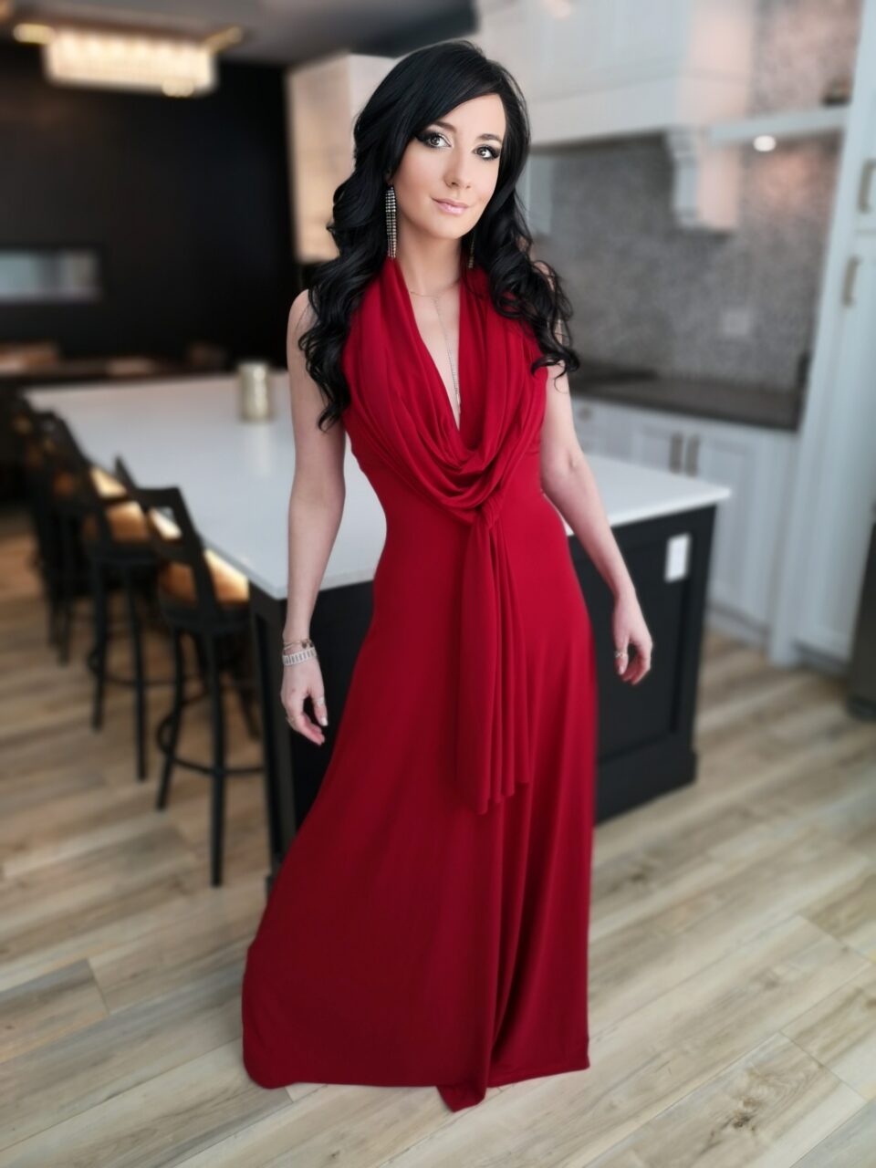 Red maxi wrap dress.