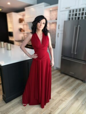 Red maxi wrap dress.