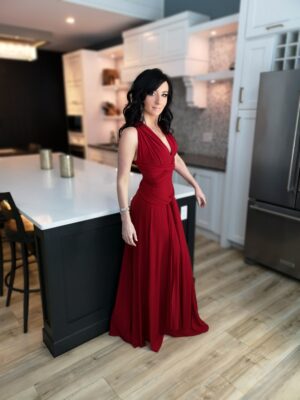 Red maxi wrap dress.