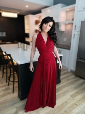 Red maxi wrap dress.