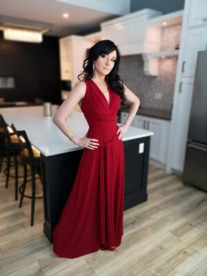 Red maxi wrap dress.