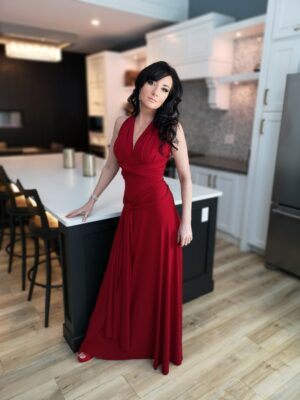 Red maxi wrap dress.