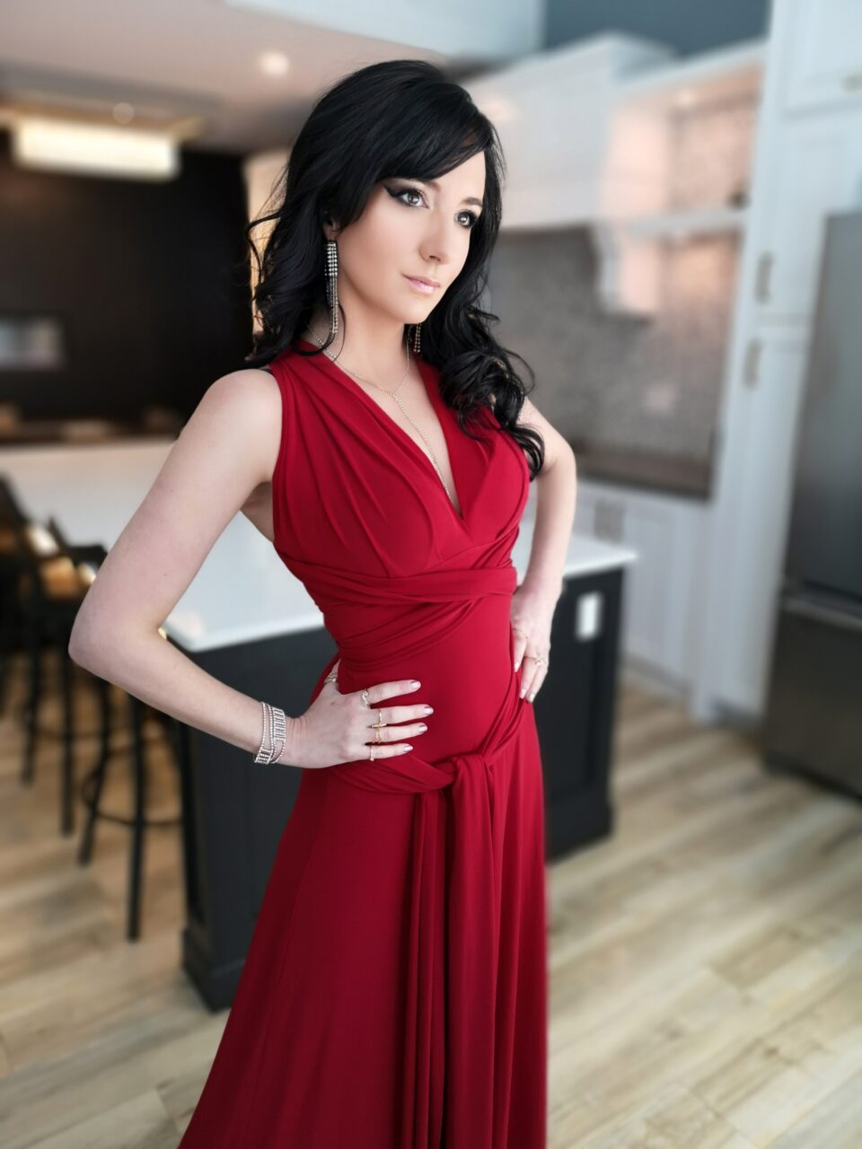Red maxi wrap dress.
