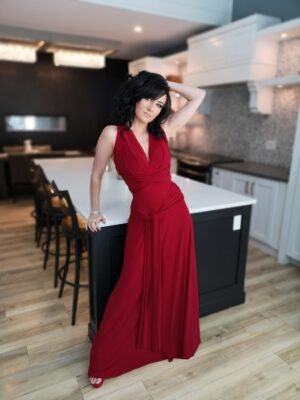 Red maxi wrap dress.