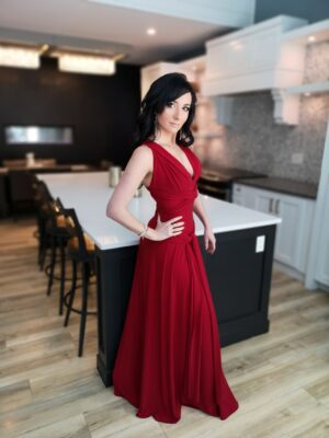 Red maxi wrap dress.