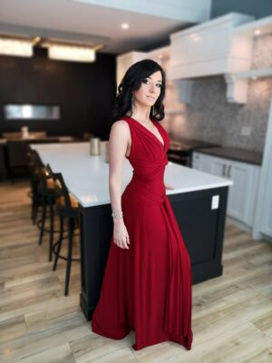 Red maxi wrap dress.