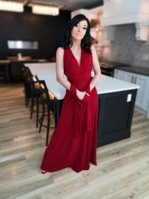 Red maxi wrap dress.