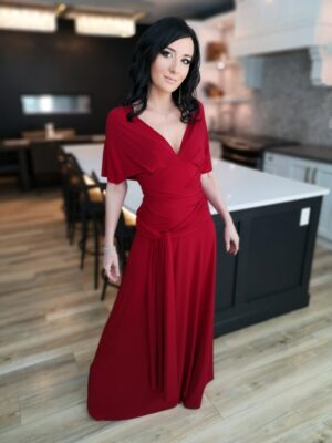 Red maxi wrap dress.