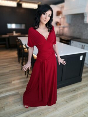 Red maxi wrap dress.