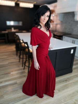 Red maxi wrap dress.