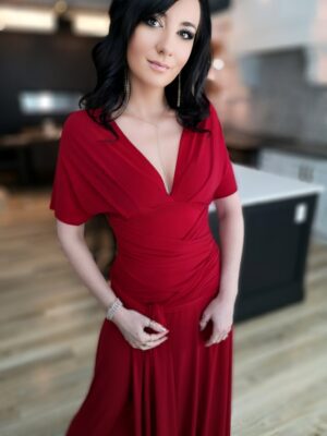 Red maxi wrap dress.