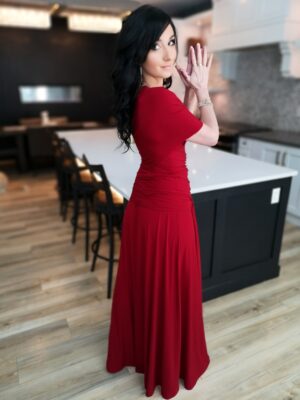 Red maxi wrap dress.