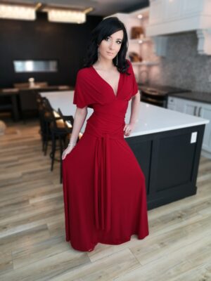 Red maxi wrap dress.