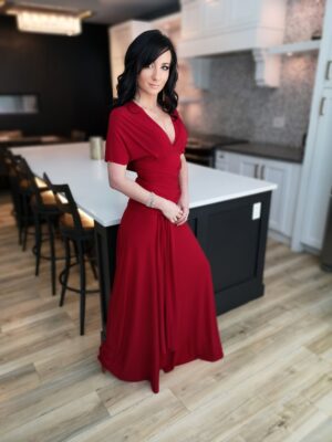 Red maxi wrap dress.