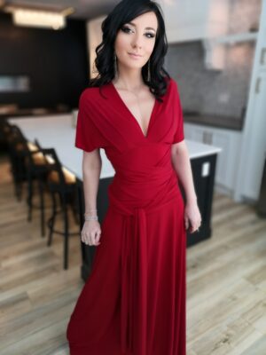 Red maxi wrap dress.