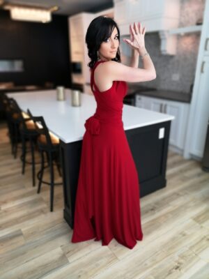 Red maxi wrap dress.
