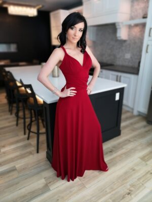 Red maxi wrap dress.