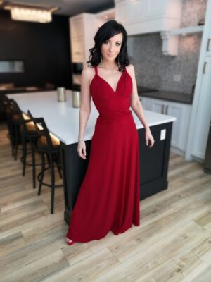Red maxi wrap dress.