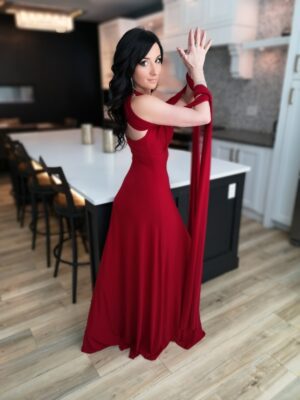 Red maxi wrap dress.