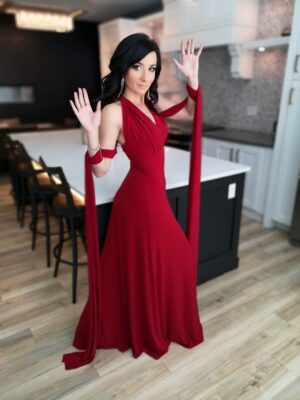 Red maxi wrap dress.