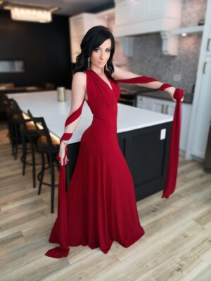 Red maxi wrap dress.