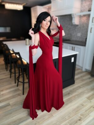 Red maxi wrap dress.