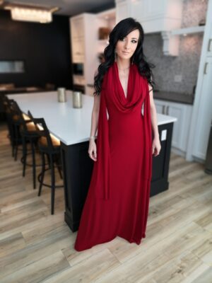 Red maxi wrap dress.