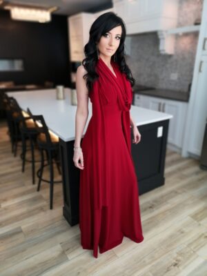 Red maxi wrap dress.
