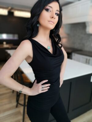 Soft black cowl neck tank top.