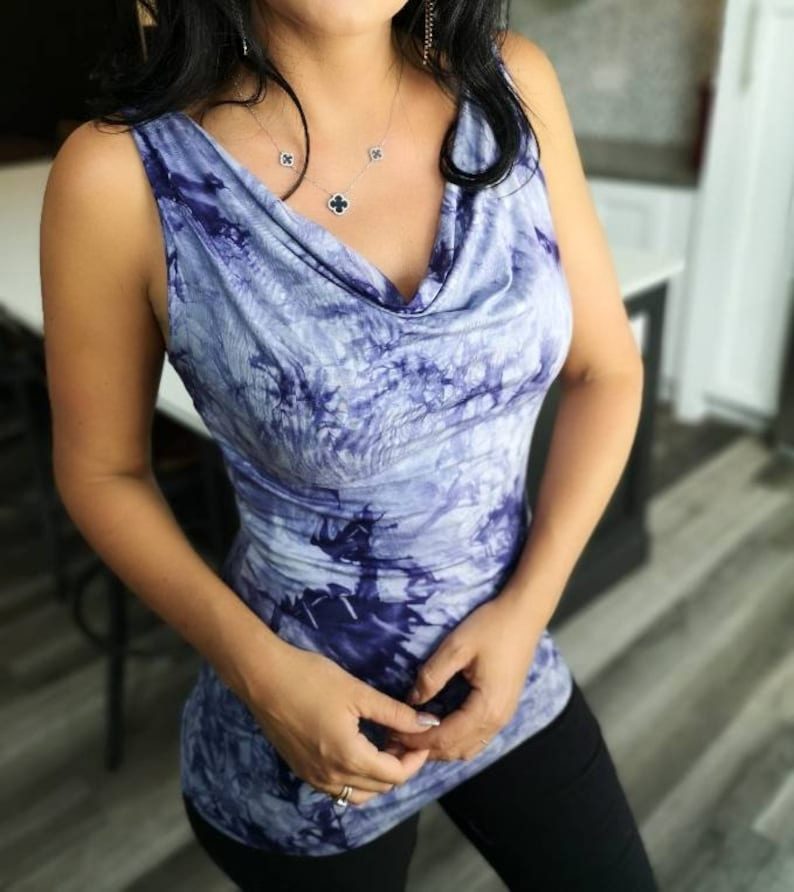 Purple stylish tie-dye cowl neck tank top.