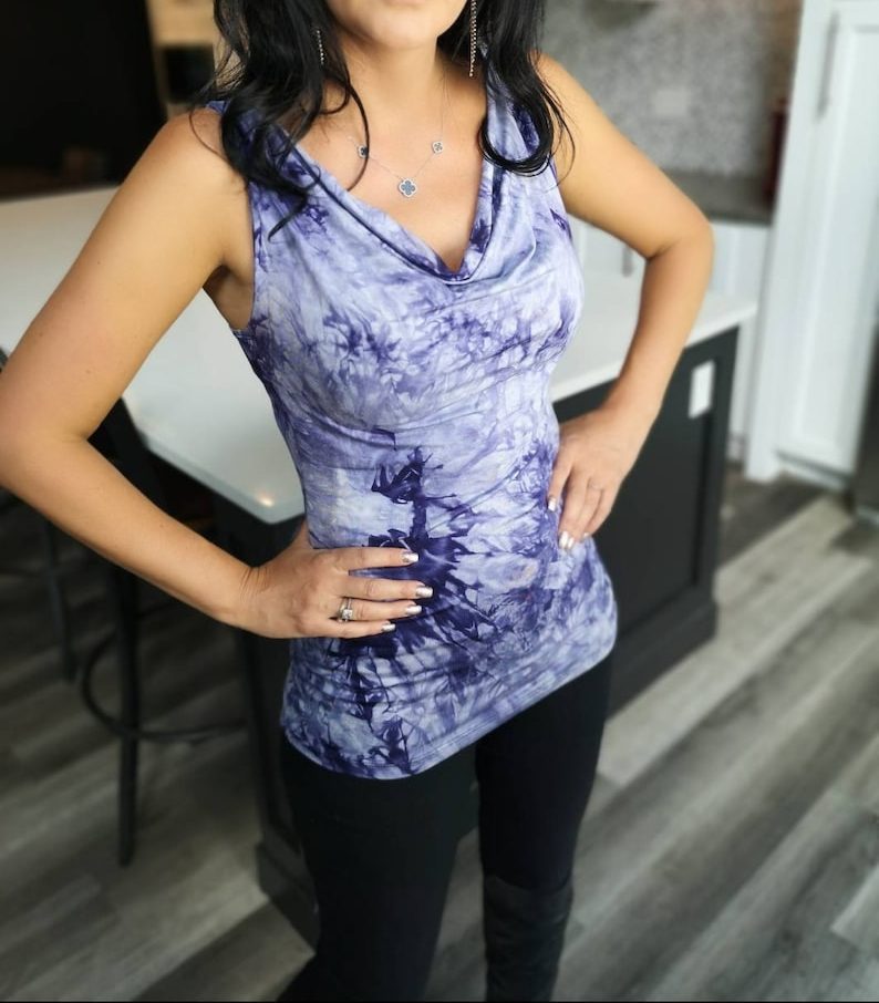 Purple stylish tie-dye cowl neck tank top.